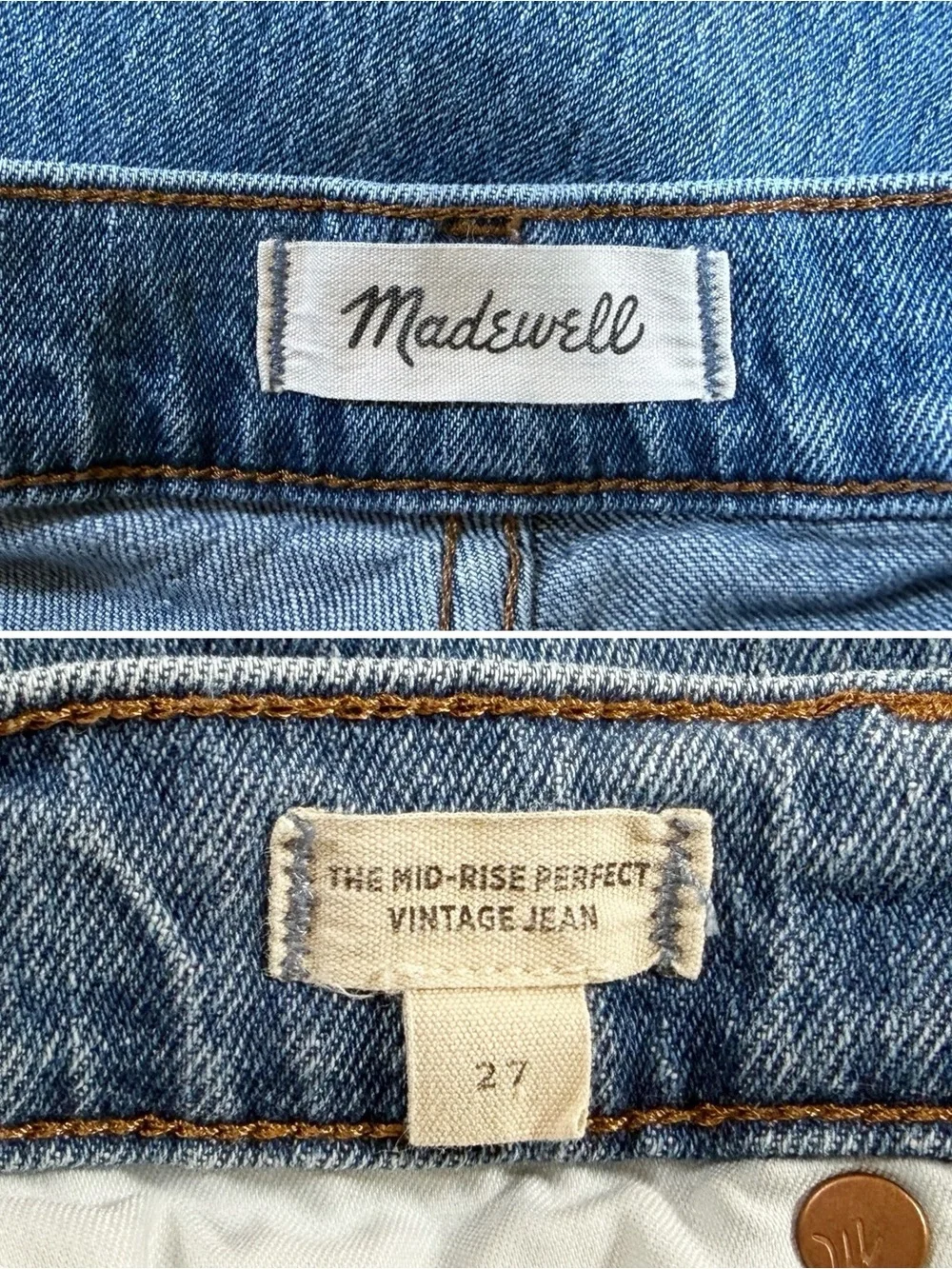 Madewell Jeans The Mid Rise Perfect Vintage Crossover Zipper Raw Hem Blue 27
